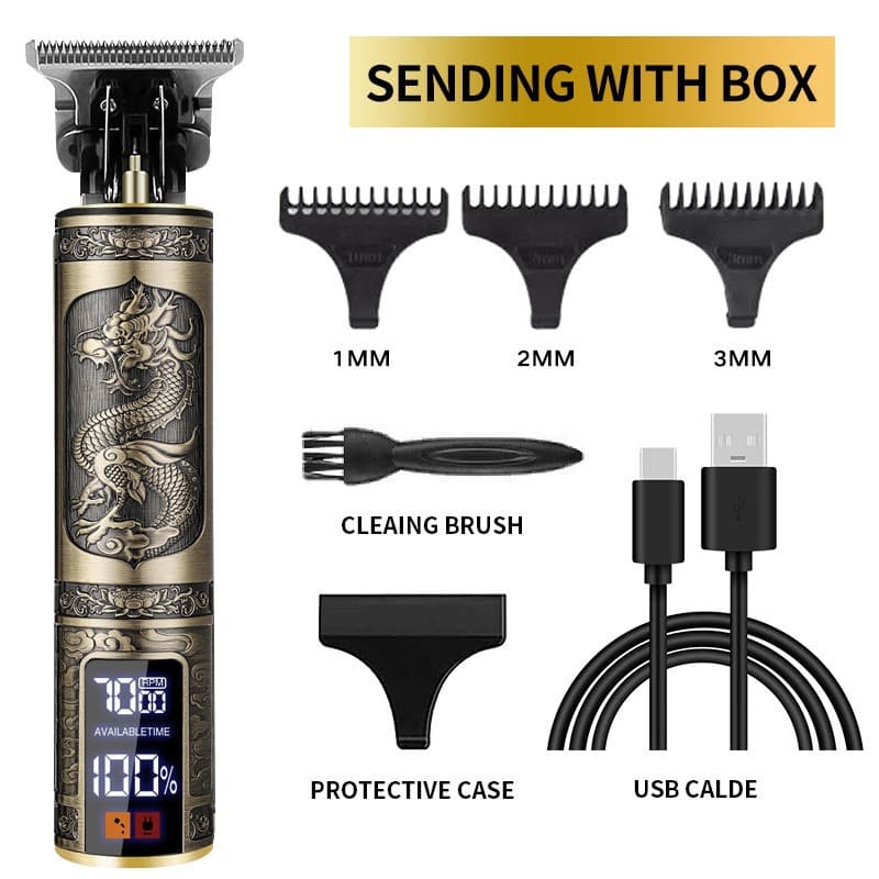 Dragon-Embossed Metal Cordless Hair Trimmer — Bronze LCD